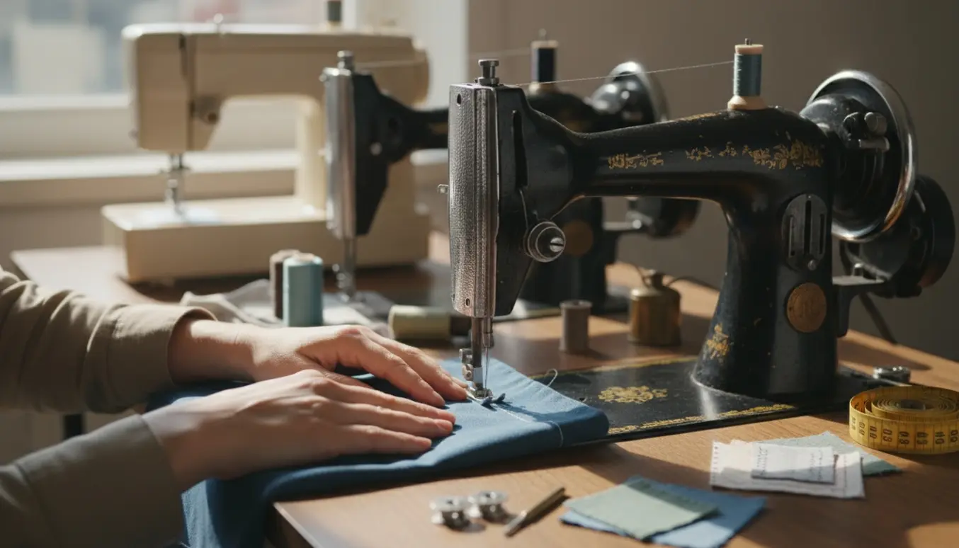 Hænder tester en brugt symaskine ved at sy i stof på et solbelyst træbord med flere maskiner i baggrunden.