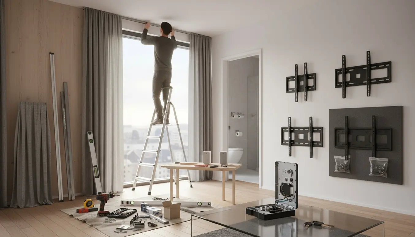 Tekniker monterer gardinskinne i et lyst kontor med værktøj, højtalere og smartlås synlige.