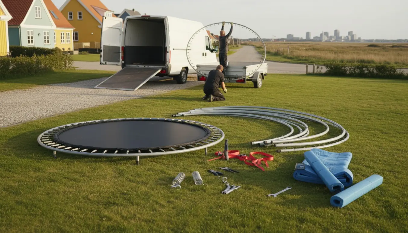 Demonteret trampolin på indkørsel, to personer set bagfra pakker dele ind i en flyttevogn.