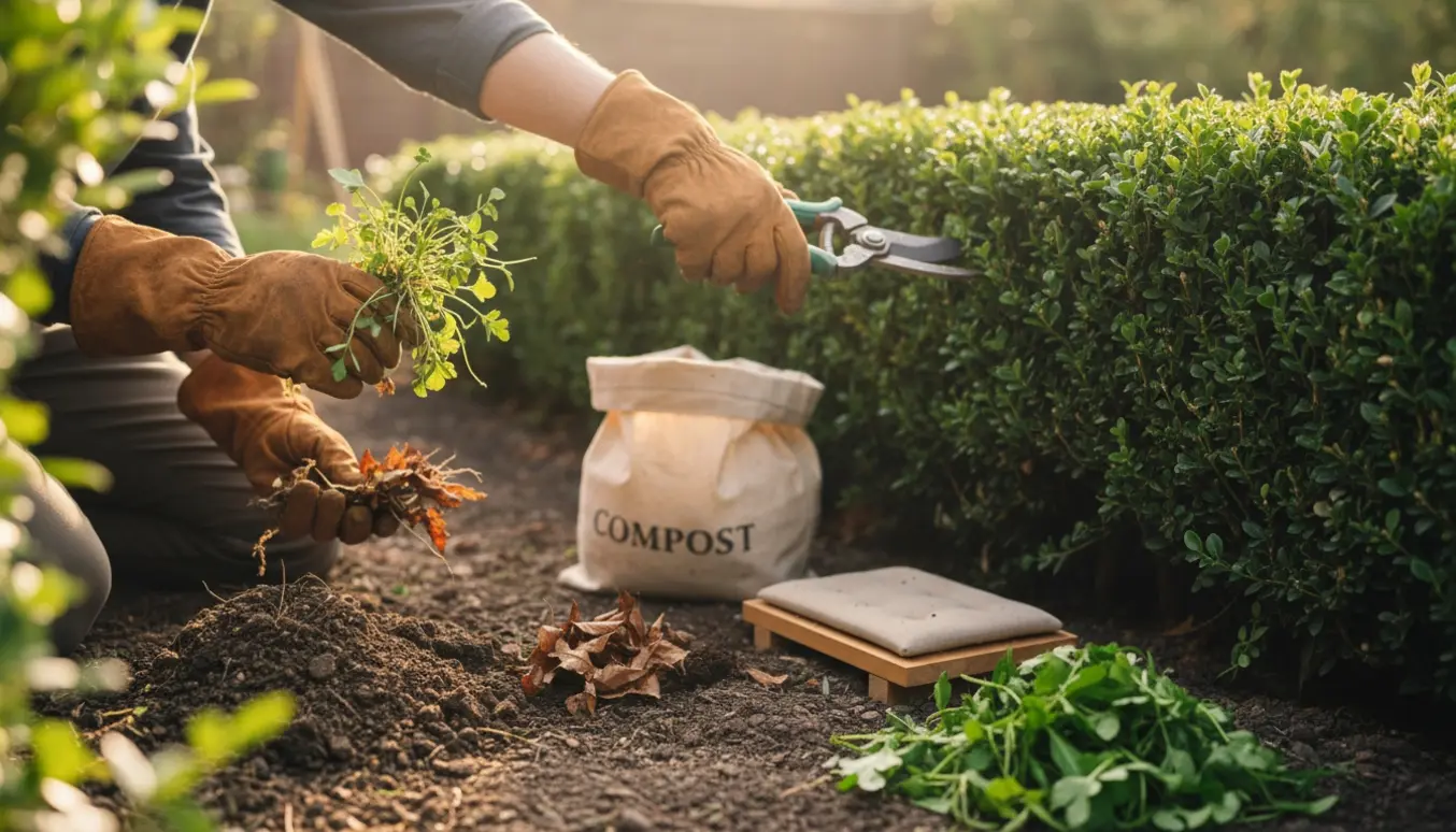 Hænder luger ukrudt og klipper hækken i en velholdt have.
