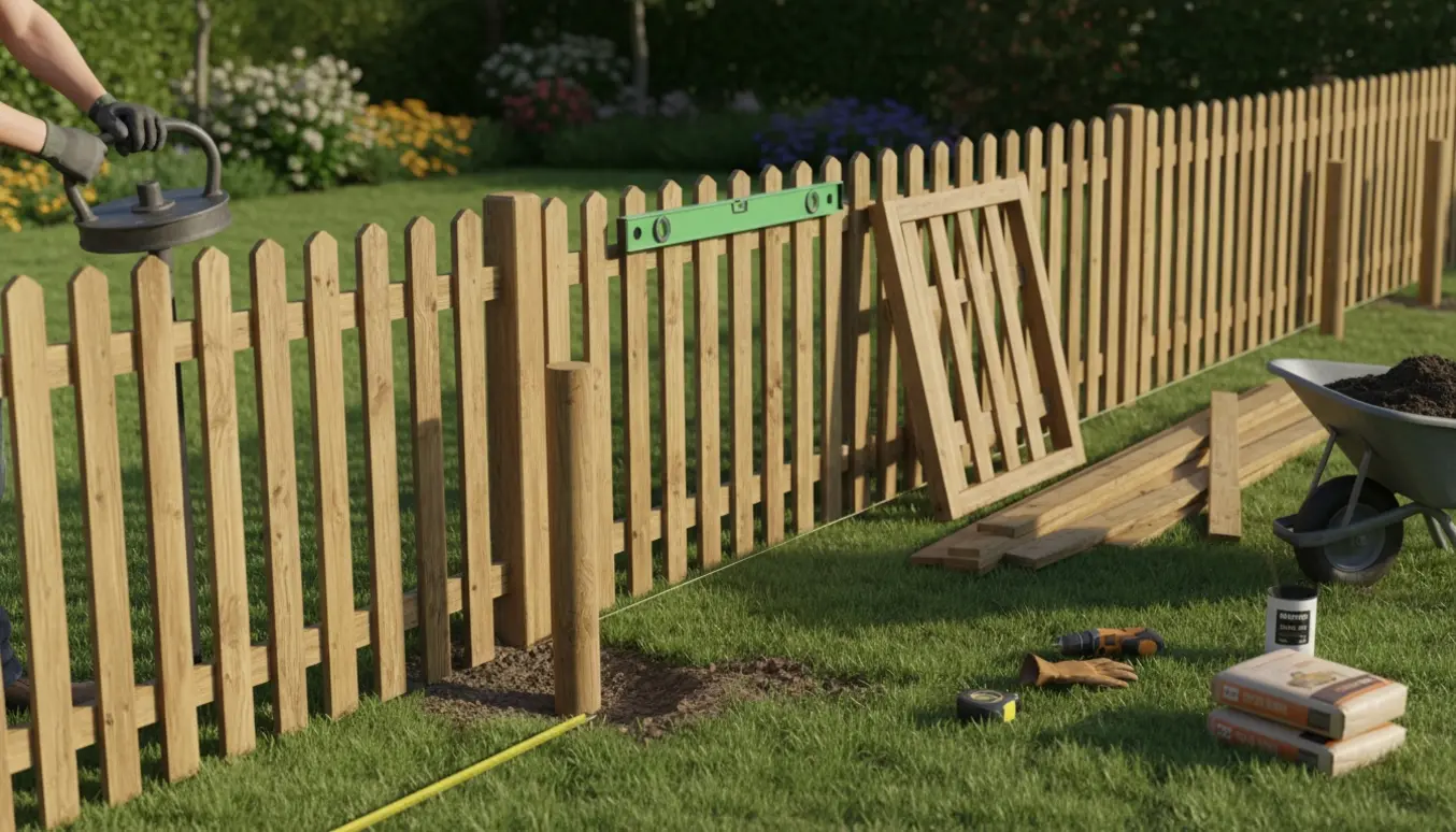 Lavt træstakit under montering med stolper, værktøj og to låger i en solbelyst have.