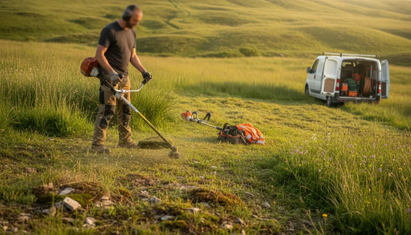 Bakket naturgrund bliver slået med buskrydder og trimmer, arbejdere ses uden tydelige ansigter.