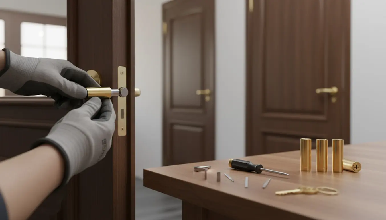 Nærbillede af en låsesmeds hænder, der isætter en ny låsecylinder i en dør med to ens døre i baggrunden og en fælles nøgle på bordet.