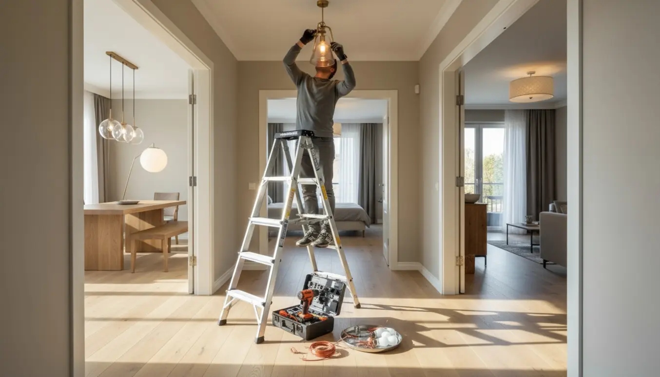 Hænder på en stige monterer en loftslampe, mens fire andre lamper ses tændt i tilstødende rum og værktøj ligger fremme.