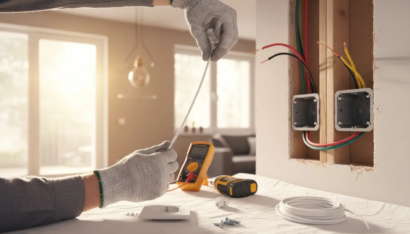 Elektriker arbejder med nye stikkontakter og forlængelse af lampeledninger i en lejlighed.