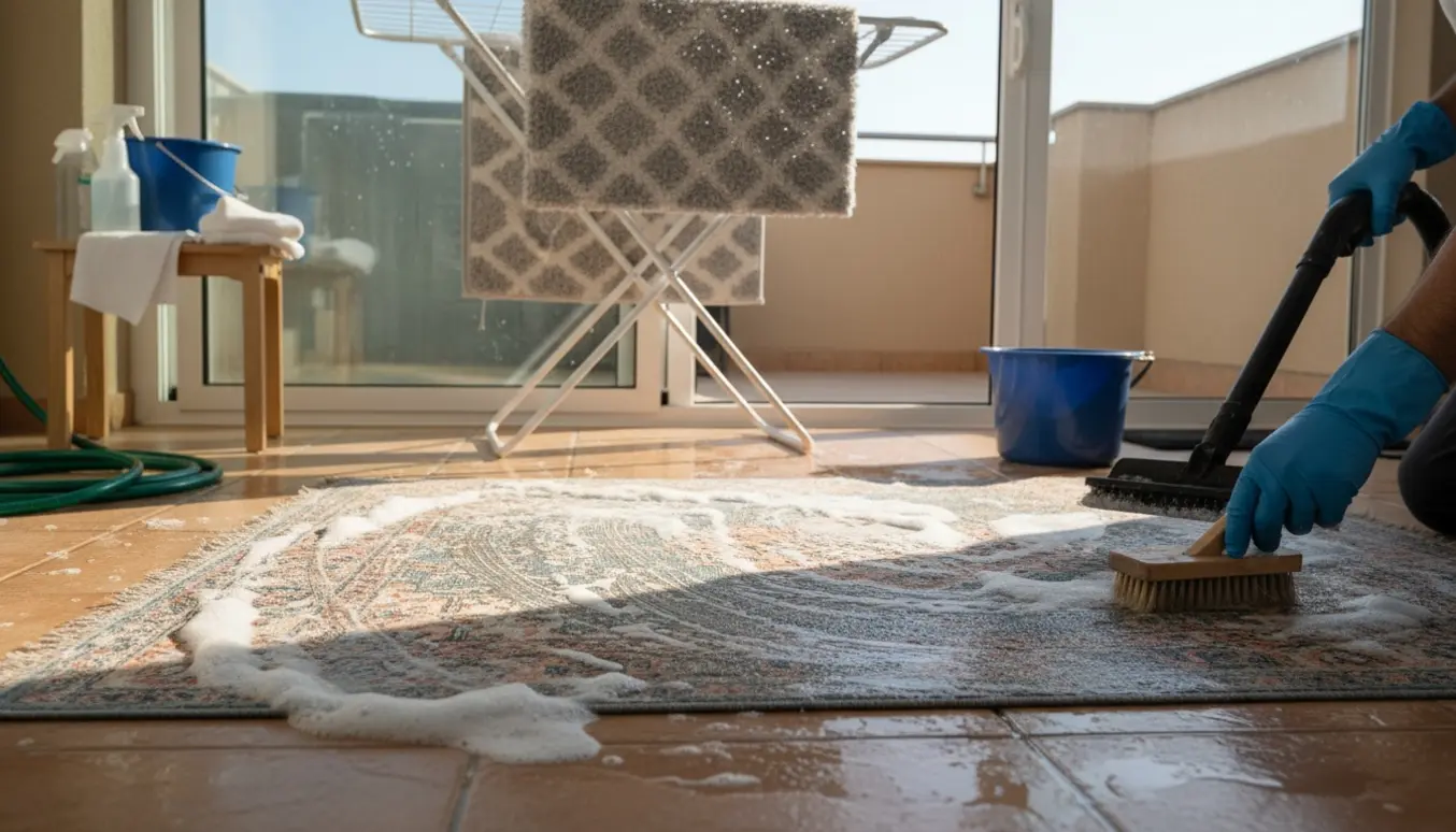 To tæpper rengøres i sollys med en tæpperenser og børste, det ene vådt og det andet hænger til tørre.