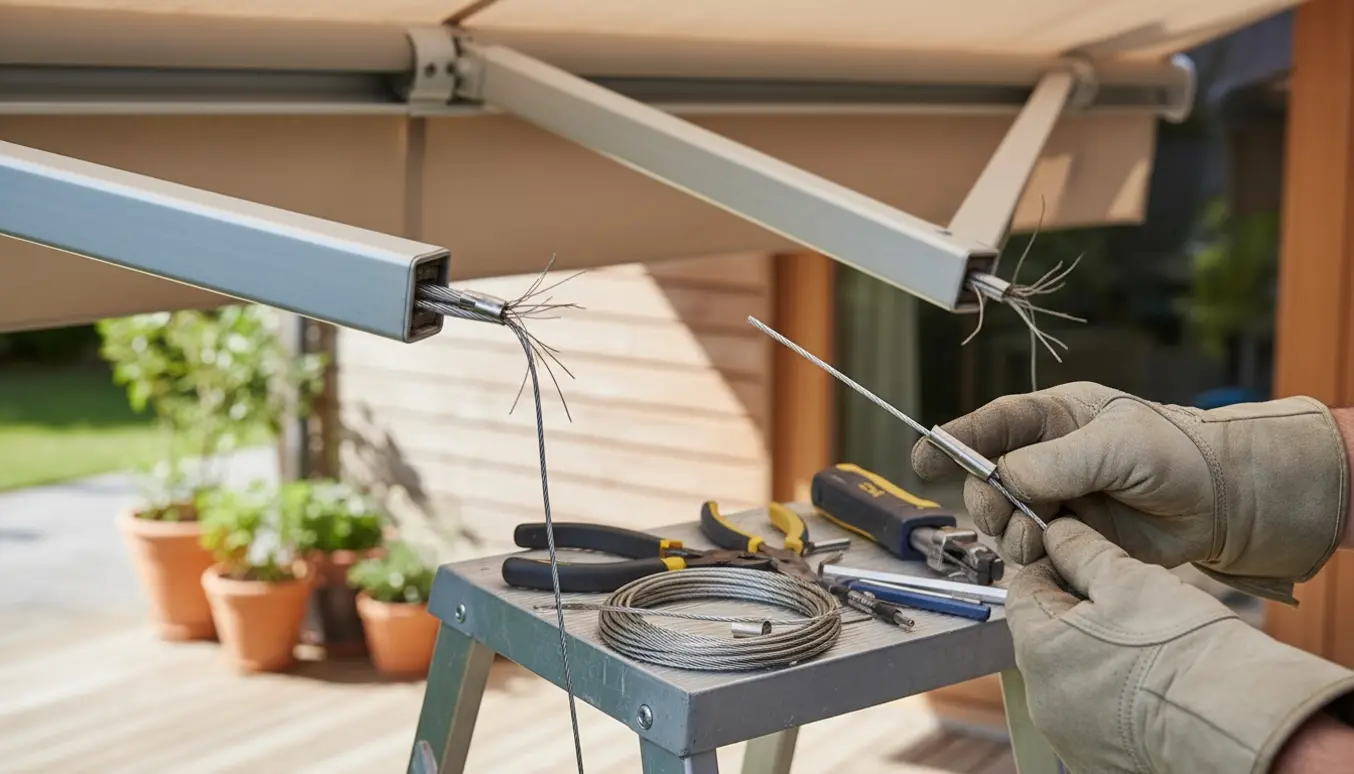 Nærbillede af udskiftning af sprængt og slidt wire på en markise med værktøj på en stige.