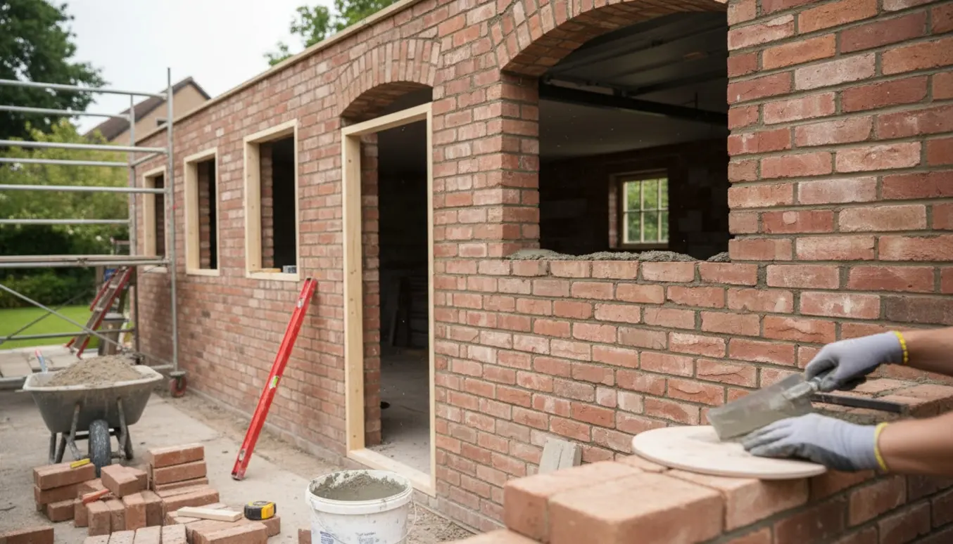 Murer murer en garageport op med nye mursten og rammer til dør og vinduer, værktøj i forgrunden.