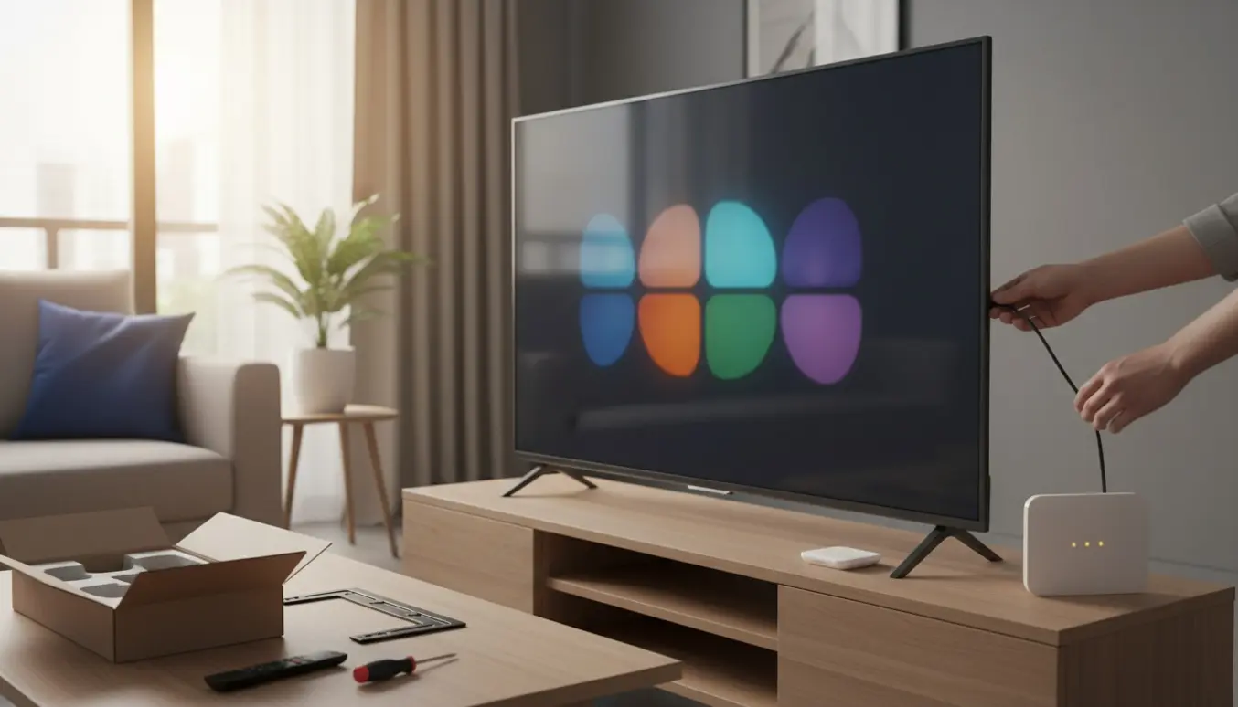 Hænder tilslutter HDMI-kabel til en ny fladskærms-tv under streamingopsætning i en moderne stue.