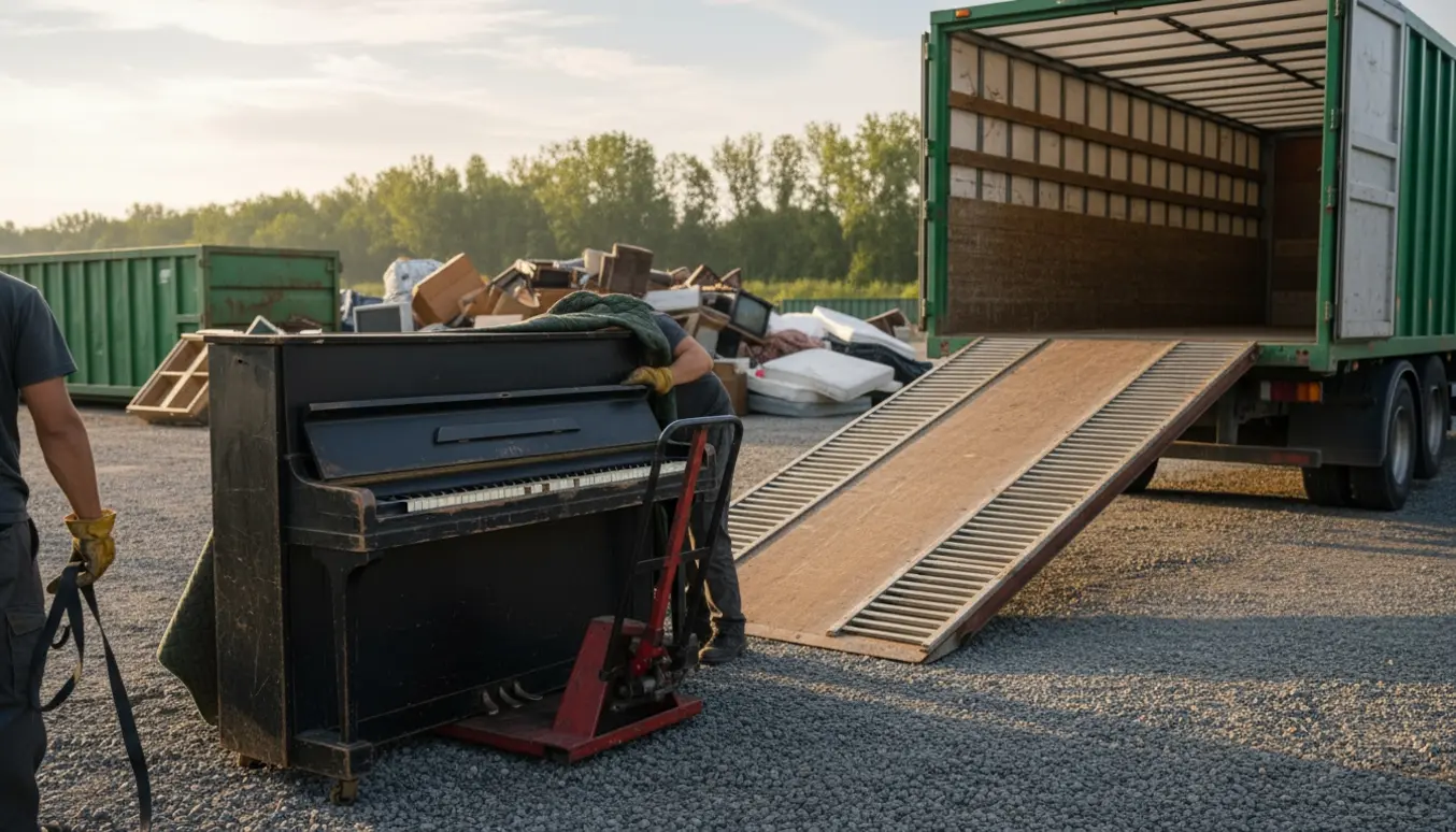 Et brugt klaver læsses på en møbeldolly ved en losseplads, flytternes hænder og rygge er kun delvist synlige.