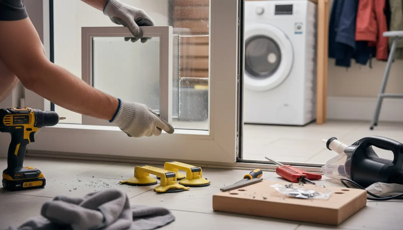 Hænder monterer en kattelem i en bryggersdør med trelags termorude, omgivet af værktøj og en lille støvsuger.
