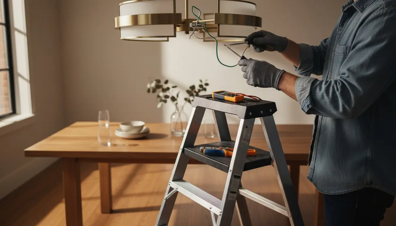 En håndværker på en stige reparerer en loftlampe over et spisebord.