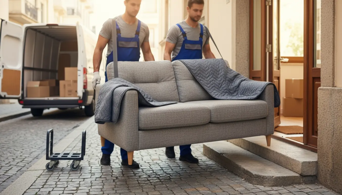 To personer bærer en indpakket sofa fra fortovet ind gennem en lejlighedsdør, ansigter ikke synlige.