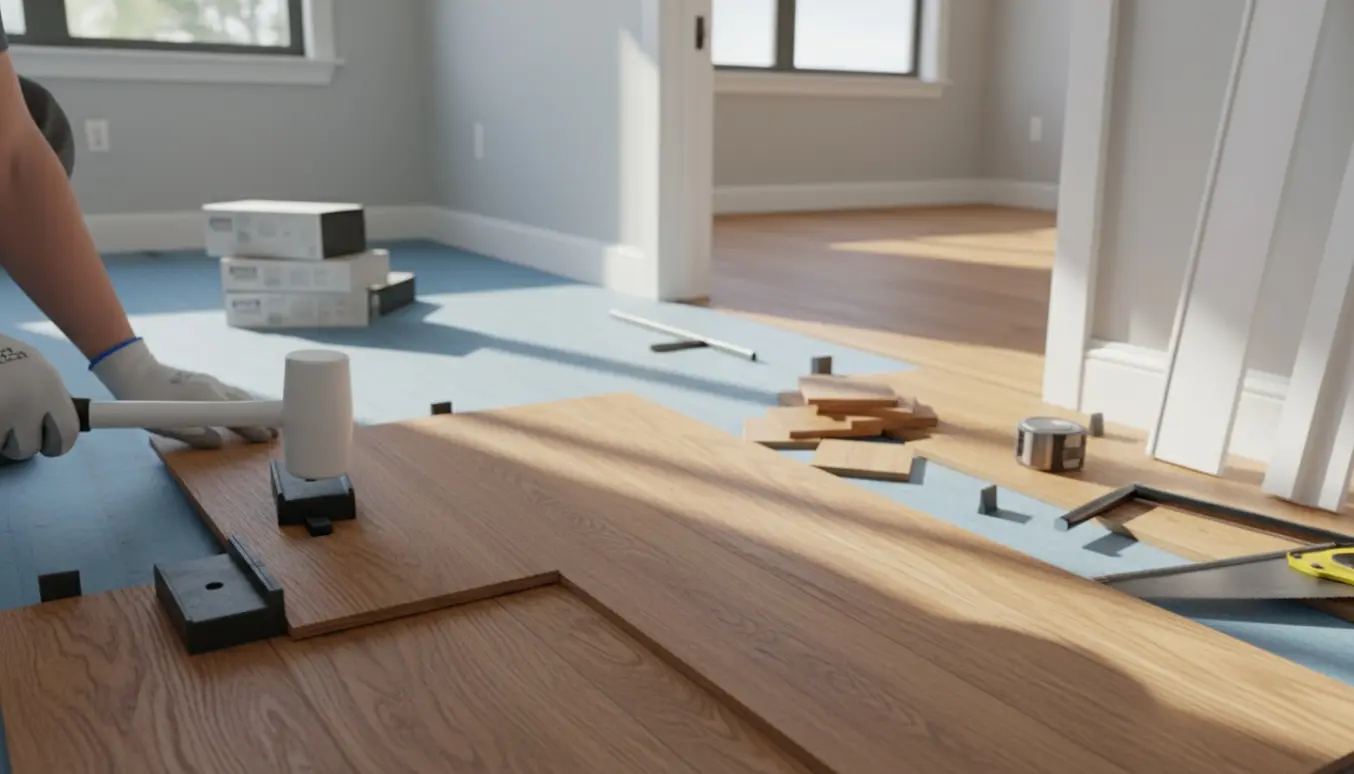 Klikgulv i trælook lægges i et lyst hjem med T‑liste i døråbningen og fodpaneler lagt til side.