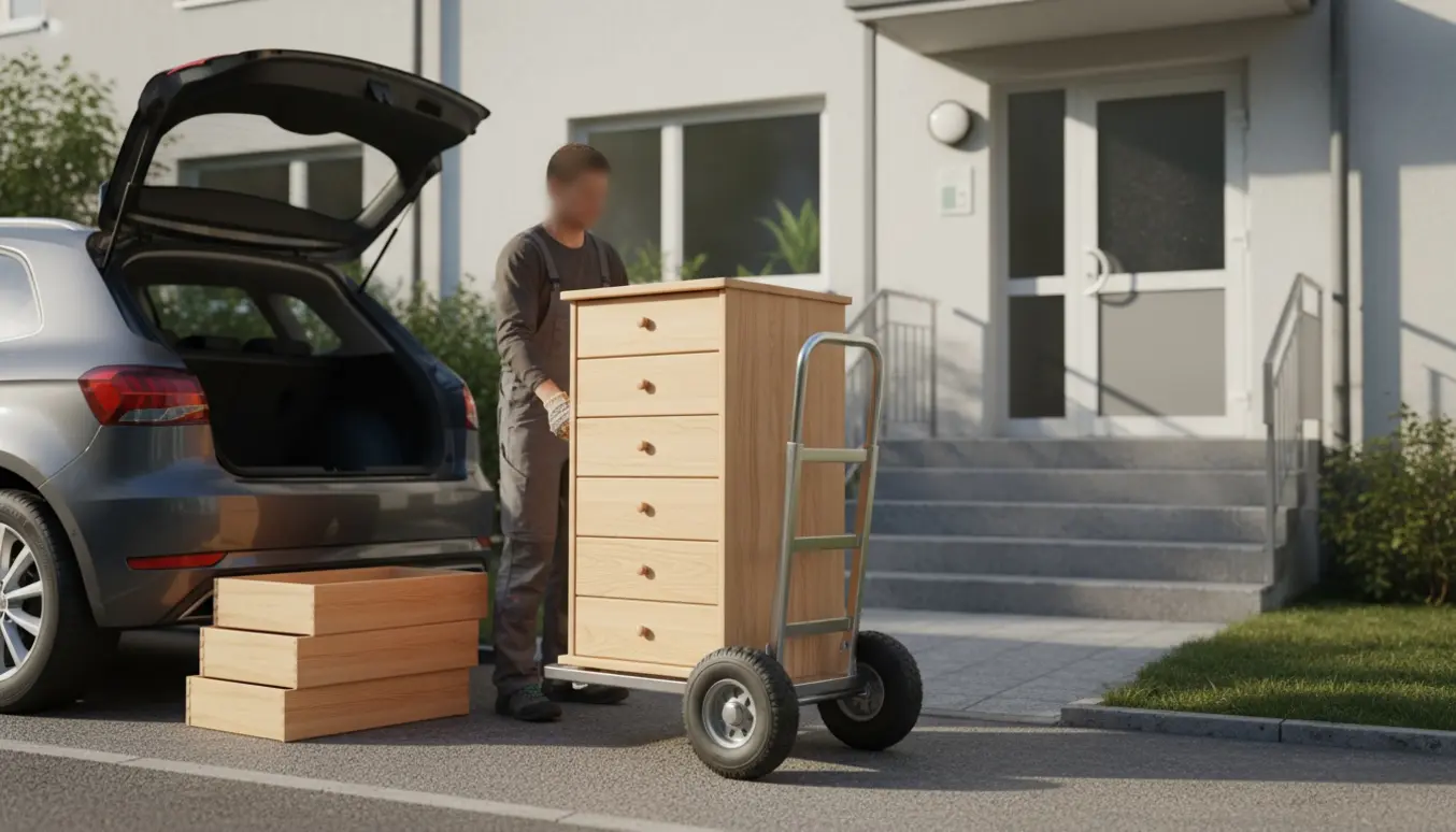 En fire-skuffers kommode på sækkevogn bæres fra en åben bil mod en opgang, mens de aftagede skuffer ligger ved siden af.