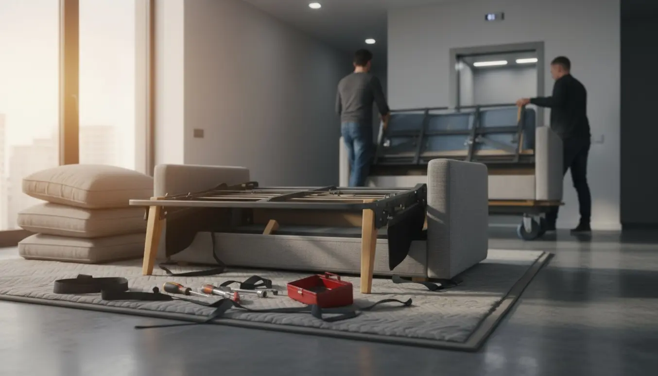Delvist adskilt sovesofa læsses ind i en elevator med værktøj og møbelvogn i forgrunden.