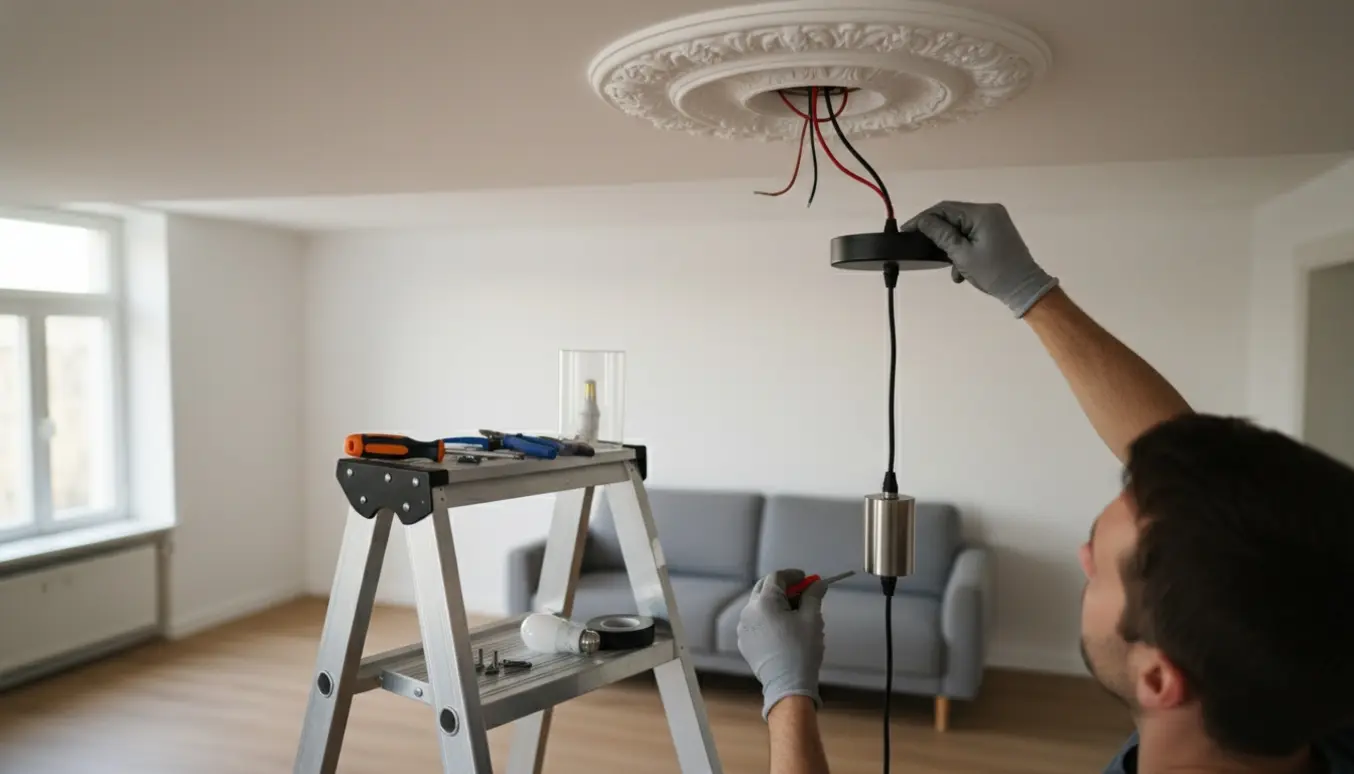 Hænder monterer en loftslampe i en gammel roset, med stige og værktøj synligt.