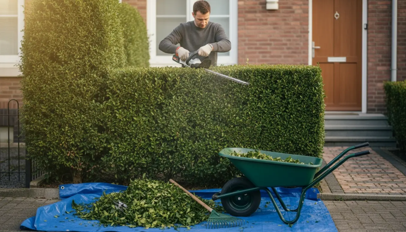 Person set bagfra trimmer hæk foran et rækkehus; hækken er nedsavet cirka en halv meter og afklip ligger samlet på en presenning.