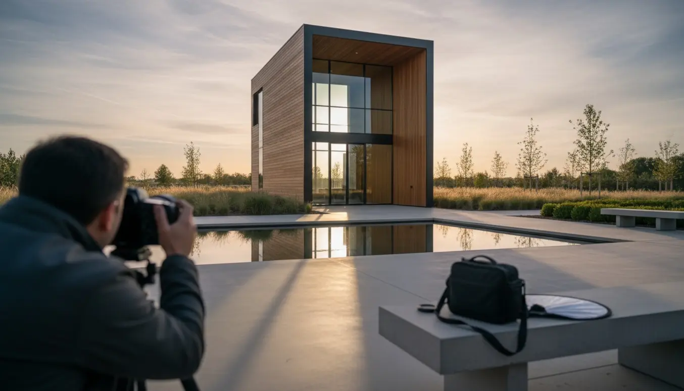 En fotograf fra ryggen tager billede af en moderne pavillon i gyldent lys.