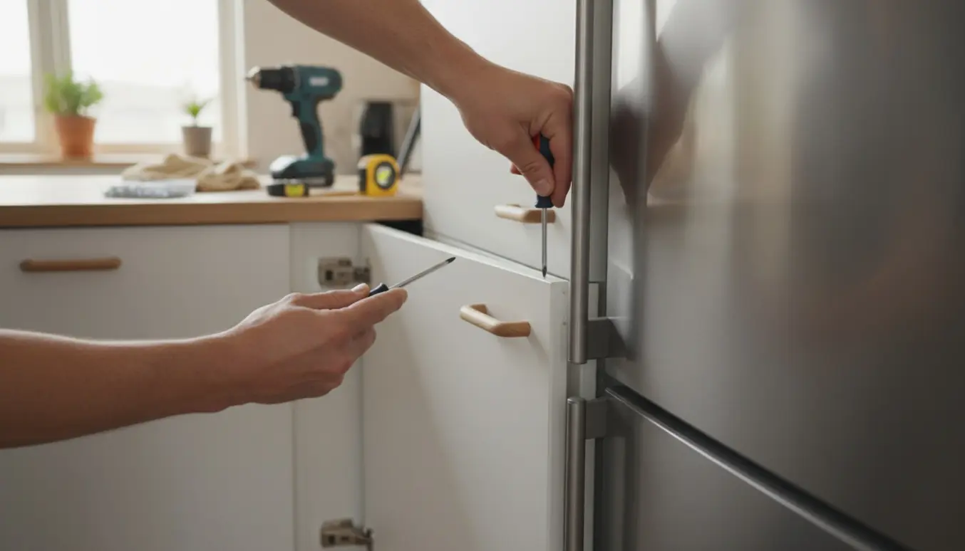 Hænder justerer hængsler og skruer på fem indbygningsskabe i et lyst skandinavisk køkken.