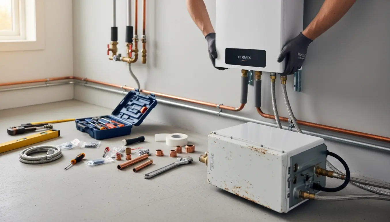 Tekniker monterer en ny Termix Novi type 2 i et teknikrum, mens den gamle Termix 20 står på gulvet.