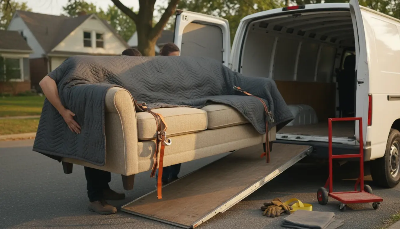 Sofa pakket i flyttetæppe løftes op ad en rampe og læsses ind i en varevogn med hjælpere set bagfra.