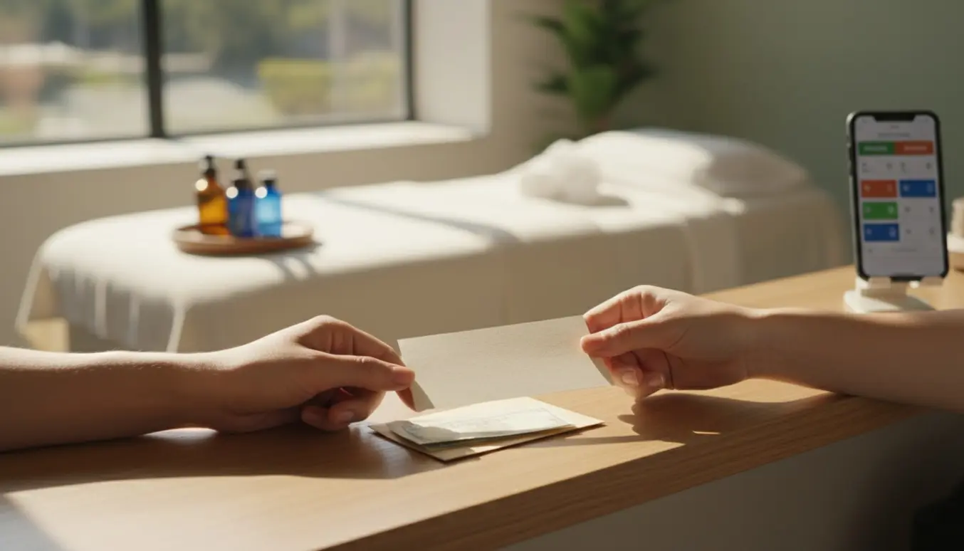 Hænder udveksler et blankt henvisningskort og kontanter foran en rolig massageklinik med massagebriks og håndklæder i baggrunden.