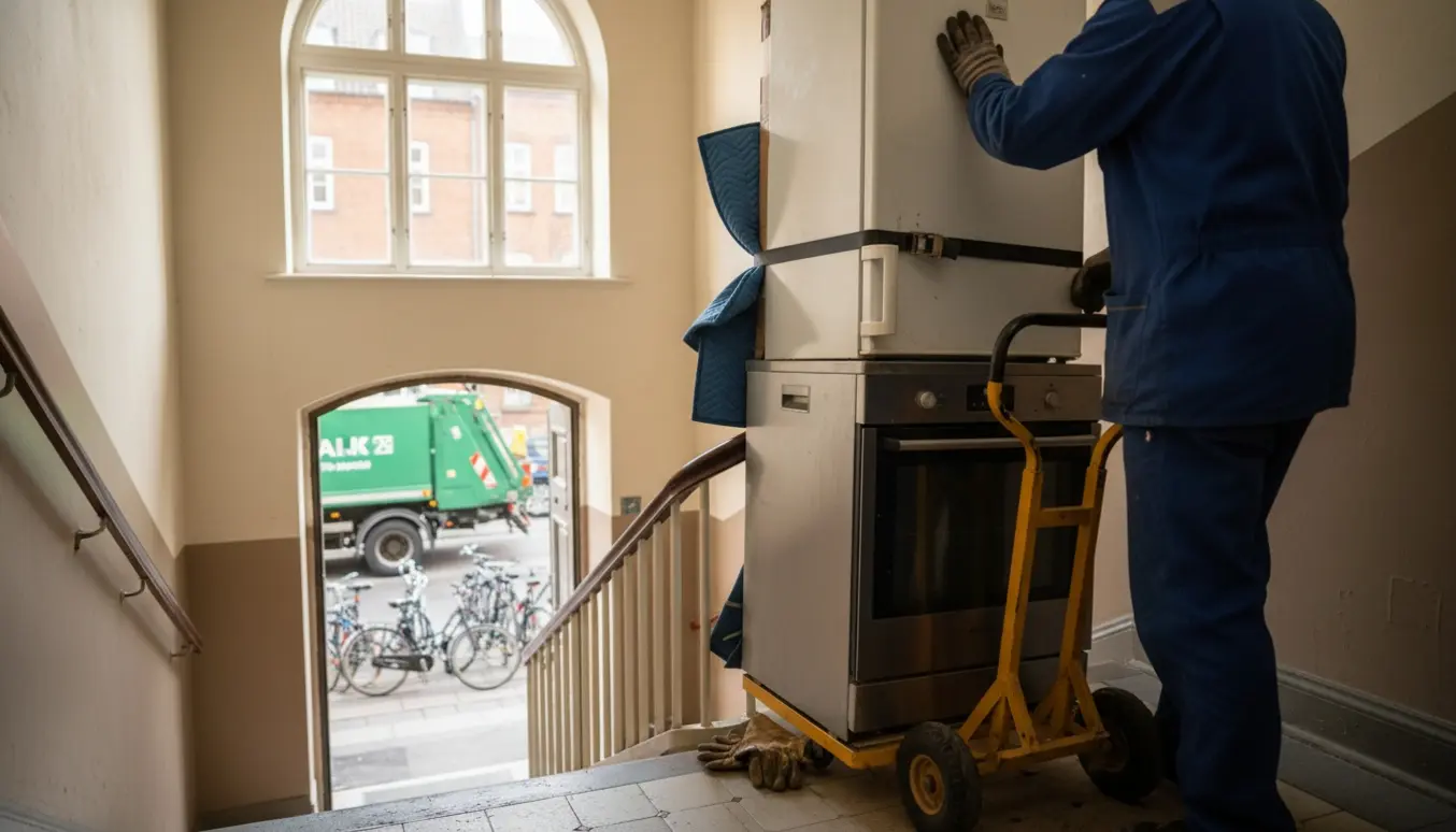 Flytning af gamle hvidevarer i en solbelyst trappeopgang i en københavnsk lejlighed, hvor et køleskab sikres på en dolly.