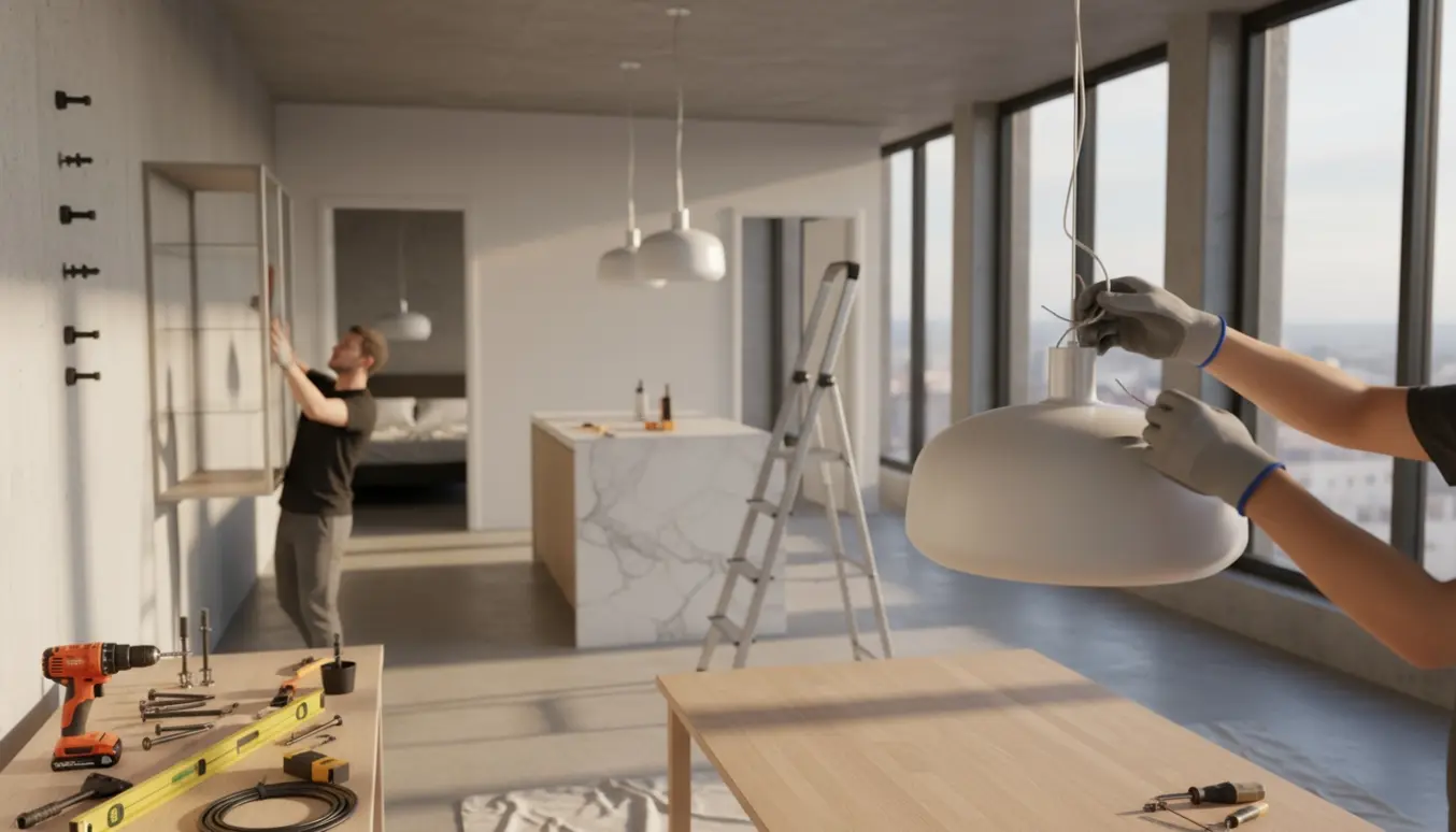 Hænder monterer en pendel over spisebordet i en lys lejlighed med værktøj og et vitrineskab på en betonvæg.