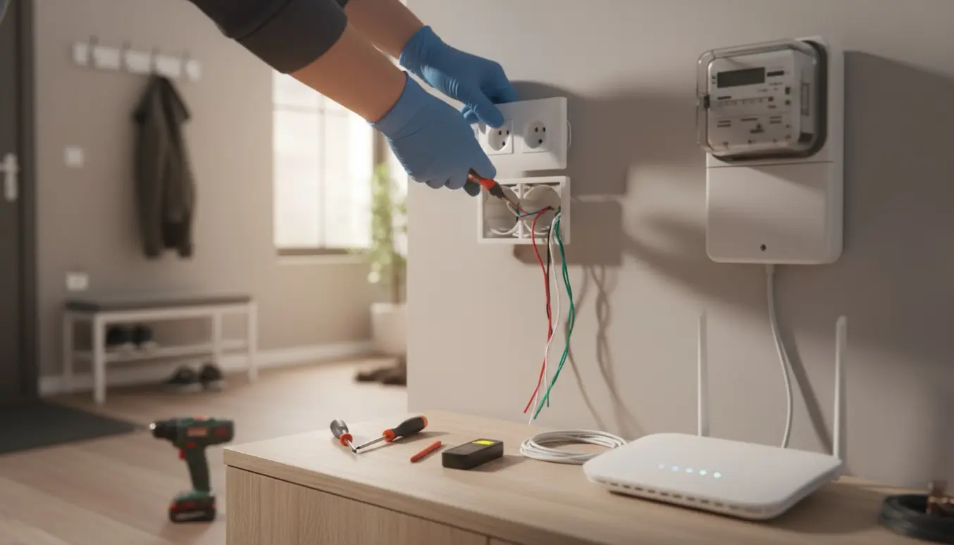 Nærbillede af en tekniker, der installerer en ny stikkontakt i entréen ved siden af elmåleren med router klar til tilslutning.