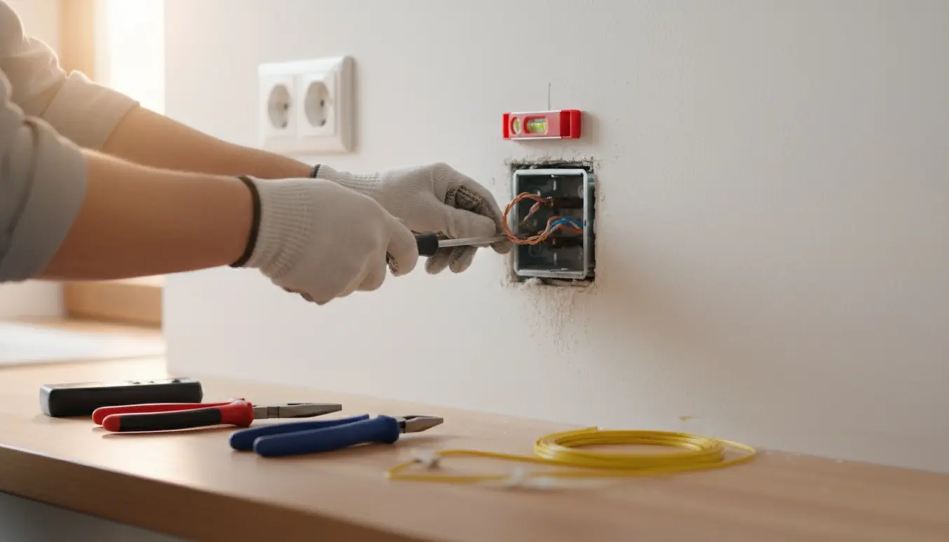 Hænder monterer en ny stikkontakt i en gipsvæg over en køkkenbordplade med værktøj på bordet.