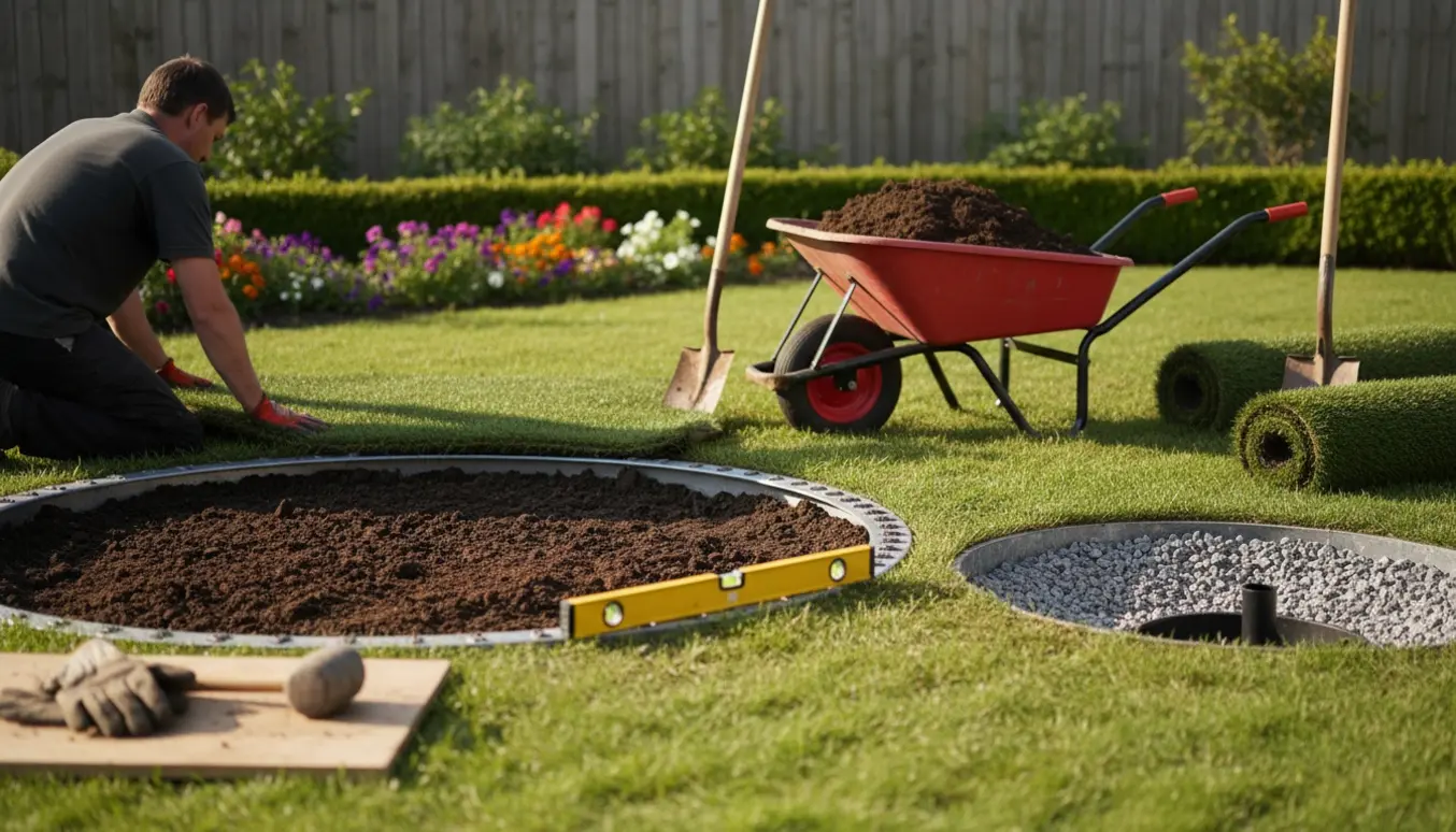 Delvist installeret nedgravet trampolin i en privat have med værktøj og opgravet jord.