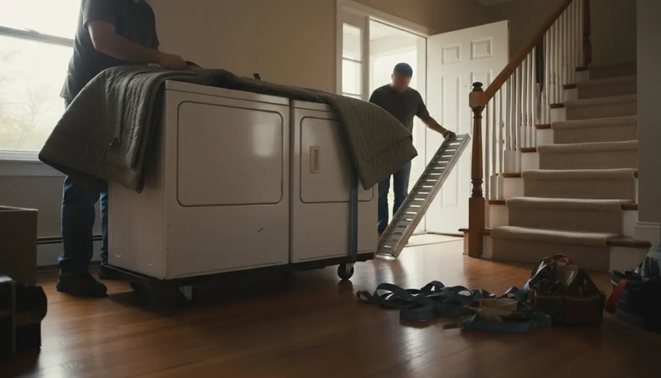 To flyttefolk gør en brugt vaskemaskine og tørretumbler klar i entréen ved en åben dør, klar til at blive båret ned ad en bred trappe.