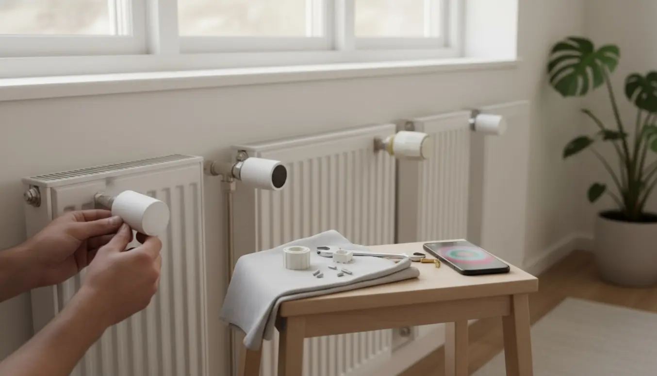 Håndmontering af smart termostat på en radiator i lyst, skandinavisk rum med værktøj og flere radiatorer i baggrunden.