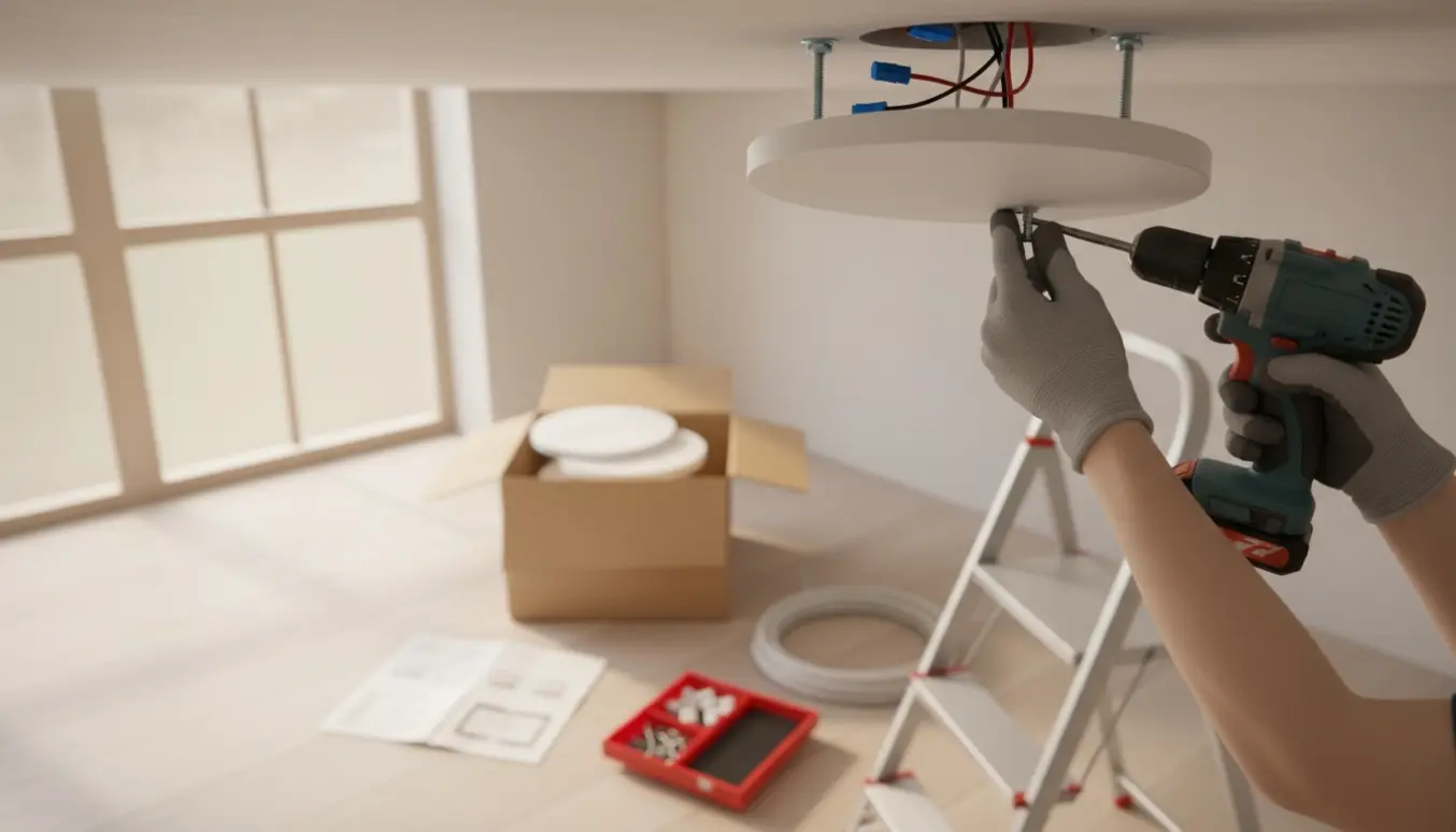 Hænder monterer en rund, lavprofil LED-loftlampe med en boremaskine fra en stige i et lyst værelse.