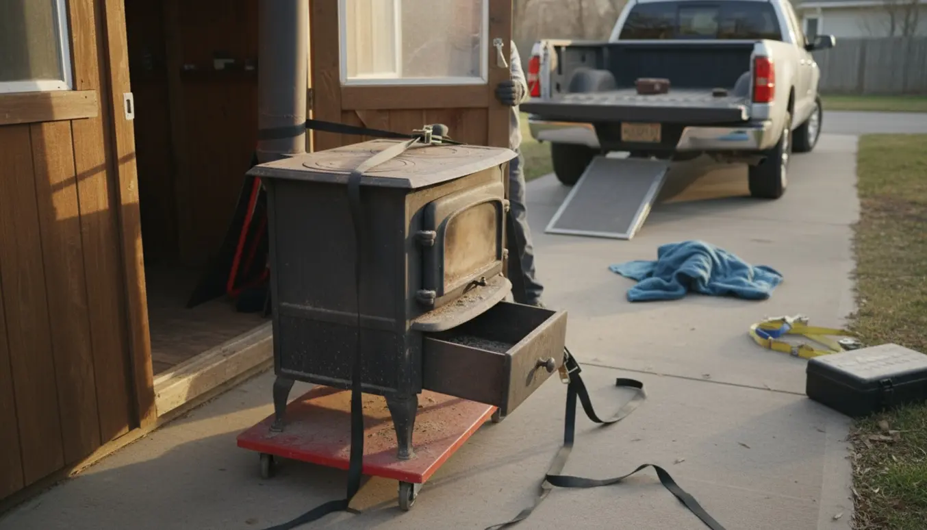 Afmonteret gammel brændeovn i haveskur klar til at blive læsset på en trailer med jekketrille og stropper.