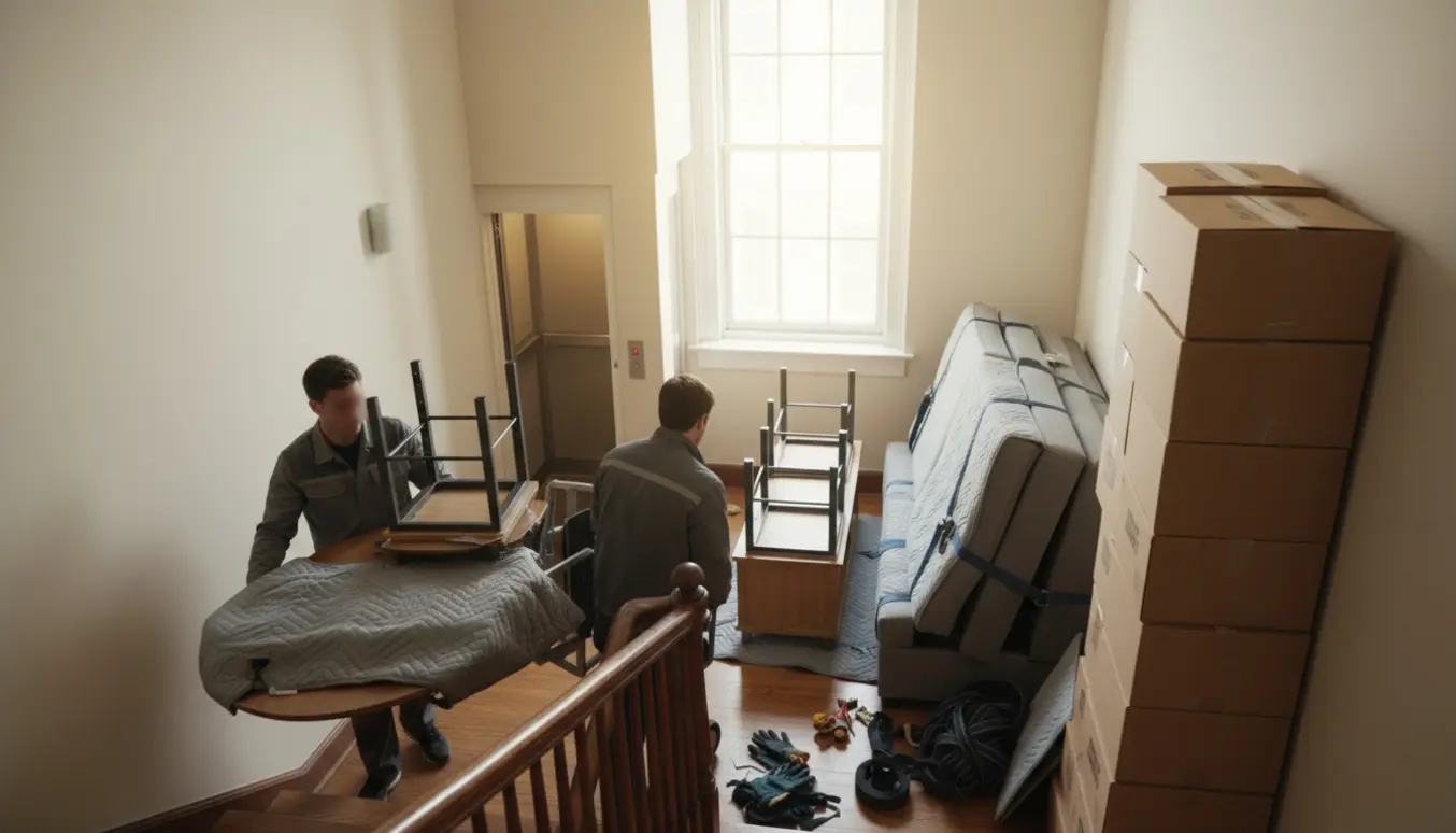 To personer bærer adskilt spisebord, sofa og seng ned ad en lys trappeopgang omgivet af stabler af flyttekasser.