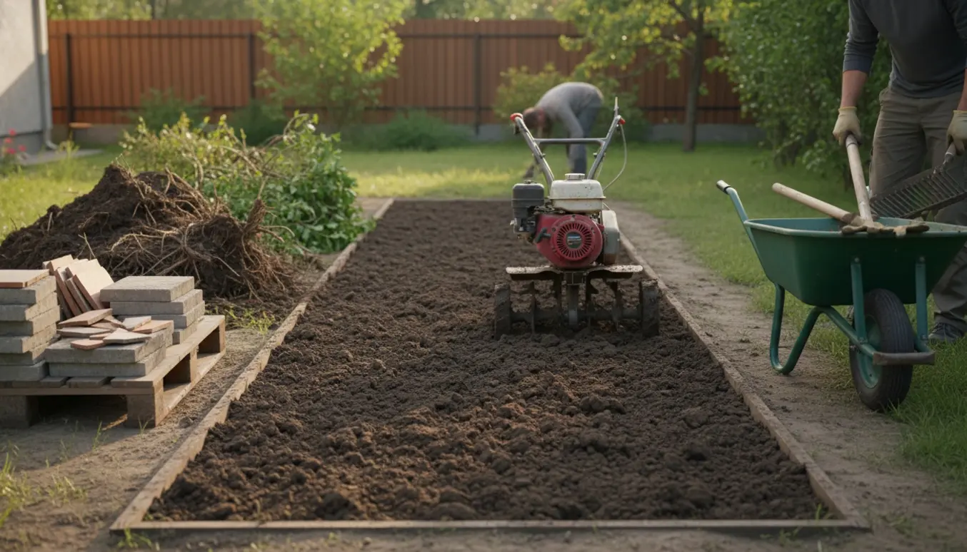 Nyligt tilfræset jordstribe på 4,5 m x 1,25 m med fjernede fliser og opgravede planter i en baghave.