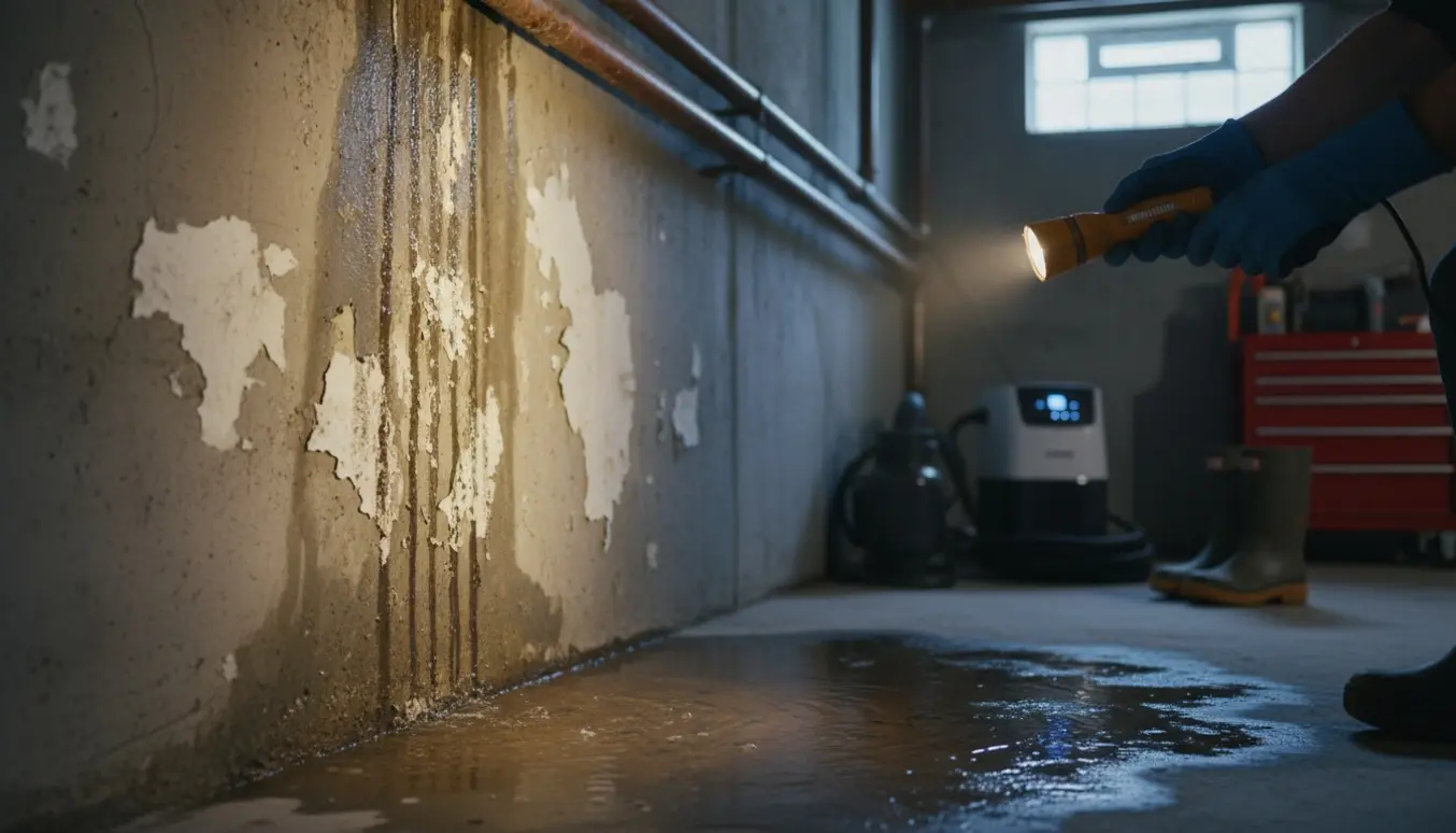 Hænder holder en fugtmåler mod en fugtig betonvæg i en kælder med mørke pletter, saltudfældning og en affugter i baggrunden.