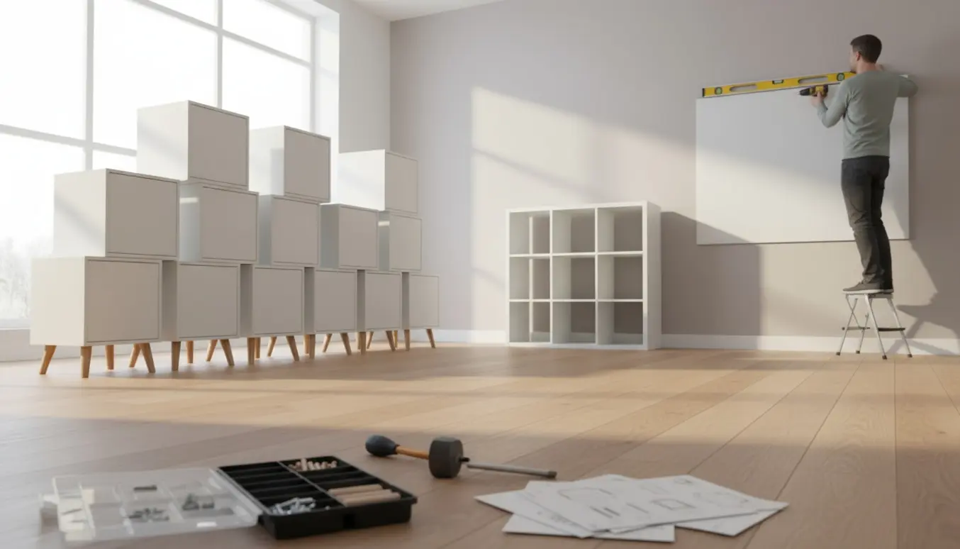 Fremstilling af flere hvide modulskabe på trægulvet, værktøj i forgrunden og en person, der monterer en whiteboard på væggen.