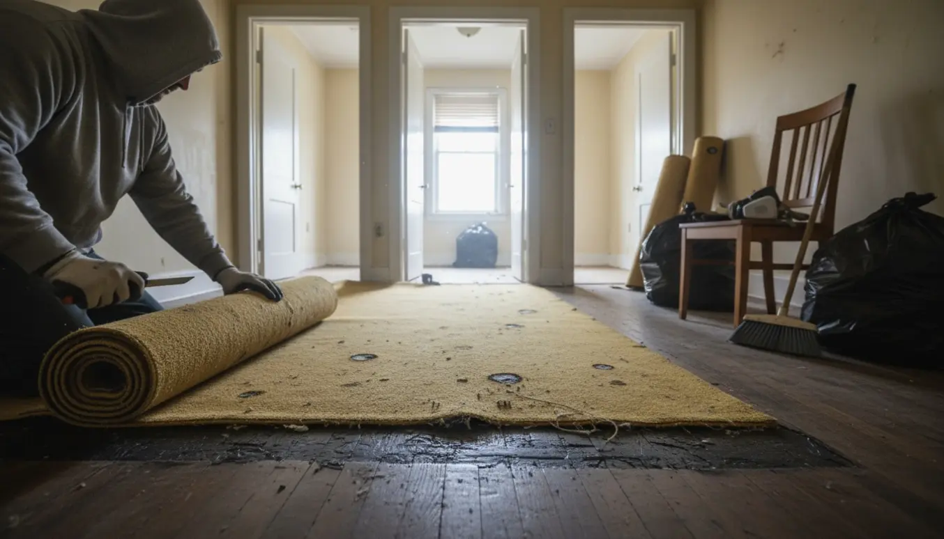 Delvis fjernet, nikotinplettet gulvtæppe rulles sammen i et dødsbo, med værktøj og affaldssække parat.