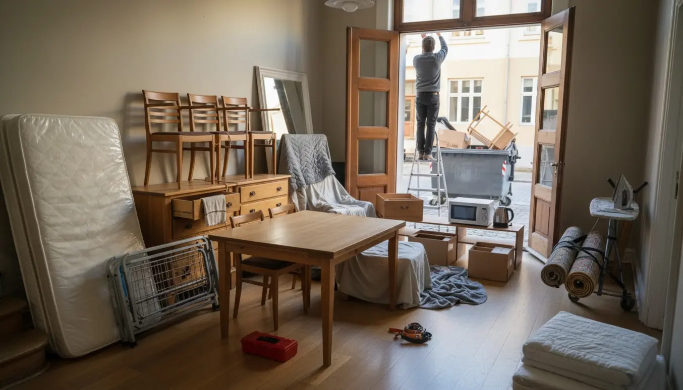 Møbler og husholdningsgenstande stablet ved en lejligheds dør klar til storskrald.