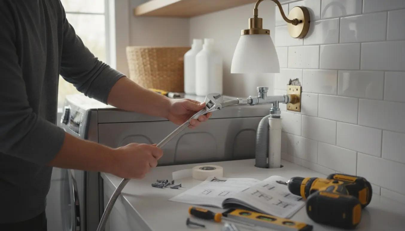 Hænder tilslutter vaskemaskine og værktøj ved en nyligt monteret væglampe i et lyst bryggers.