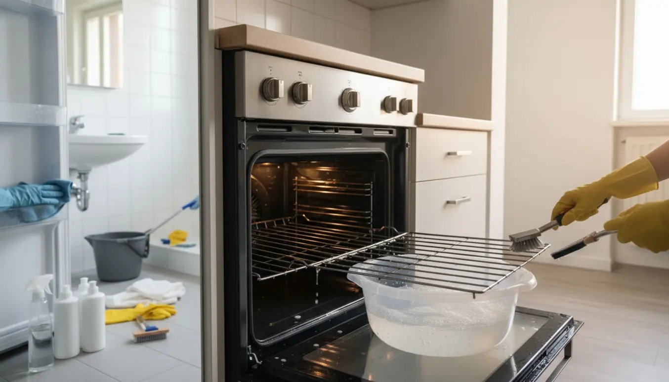 Hyperrealistisk billede af grundig flytterengøring i køkken og badeværelse med ovn og køleskab under rengøring.