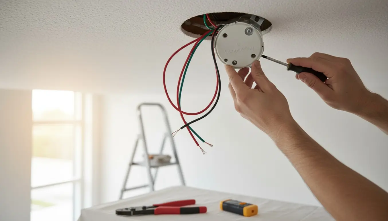 Hænder monterer et loft lampeudtag i et moderne rum med værktøj og synlige ledninger.