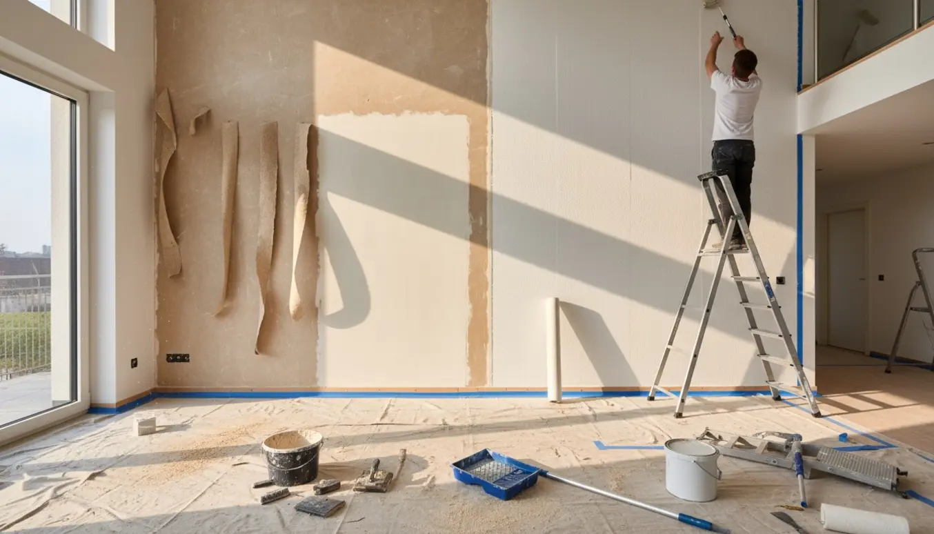 To høje vægge i stue/køkken under renovering med fjernet savsmuldstapet, spartel, filt og maling, synlig stige og hems.