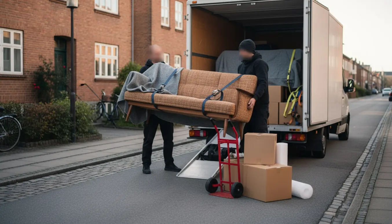 En sofa bæres ind i en flyttebil på en rolig københavnsk gade, ansigter ikke synlige.