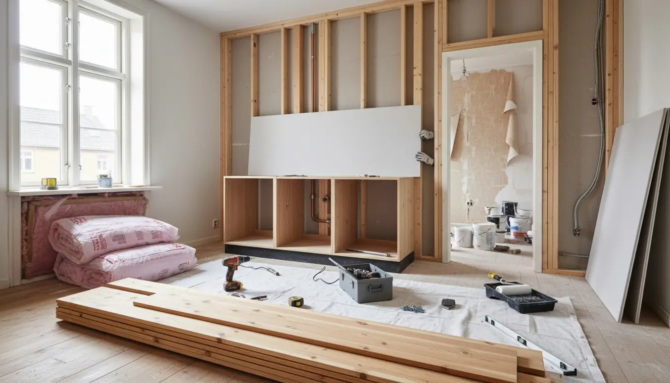 Midtrenoveret Østerbro-lejlighed med nyopsatte gipsplader, stakke af fyrretræsgulv og håndværkerhænder i arbejde.