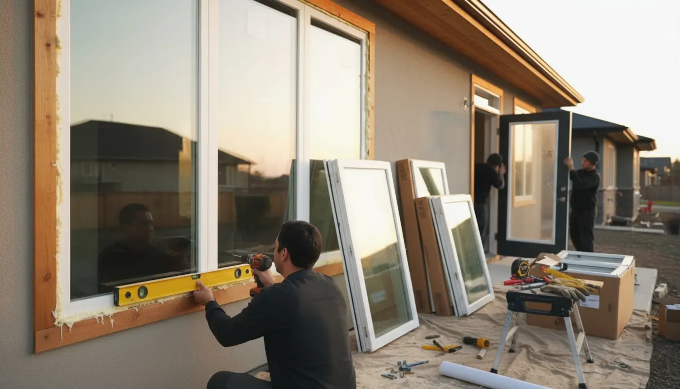 Håndværkere monterer store vinduer og døre på et parcelhus med værktøj og nye rammer klar.