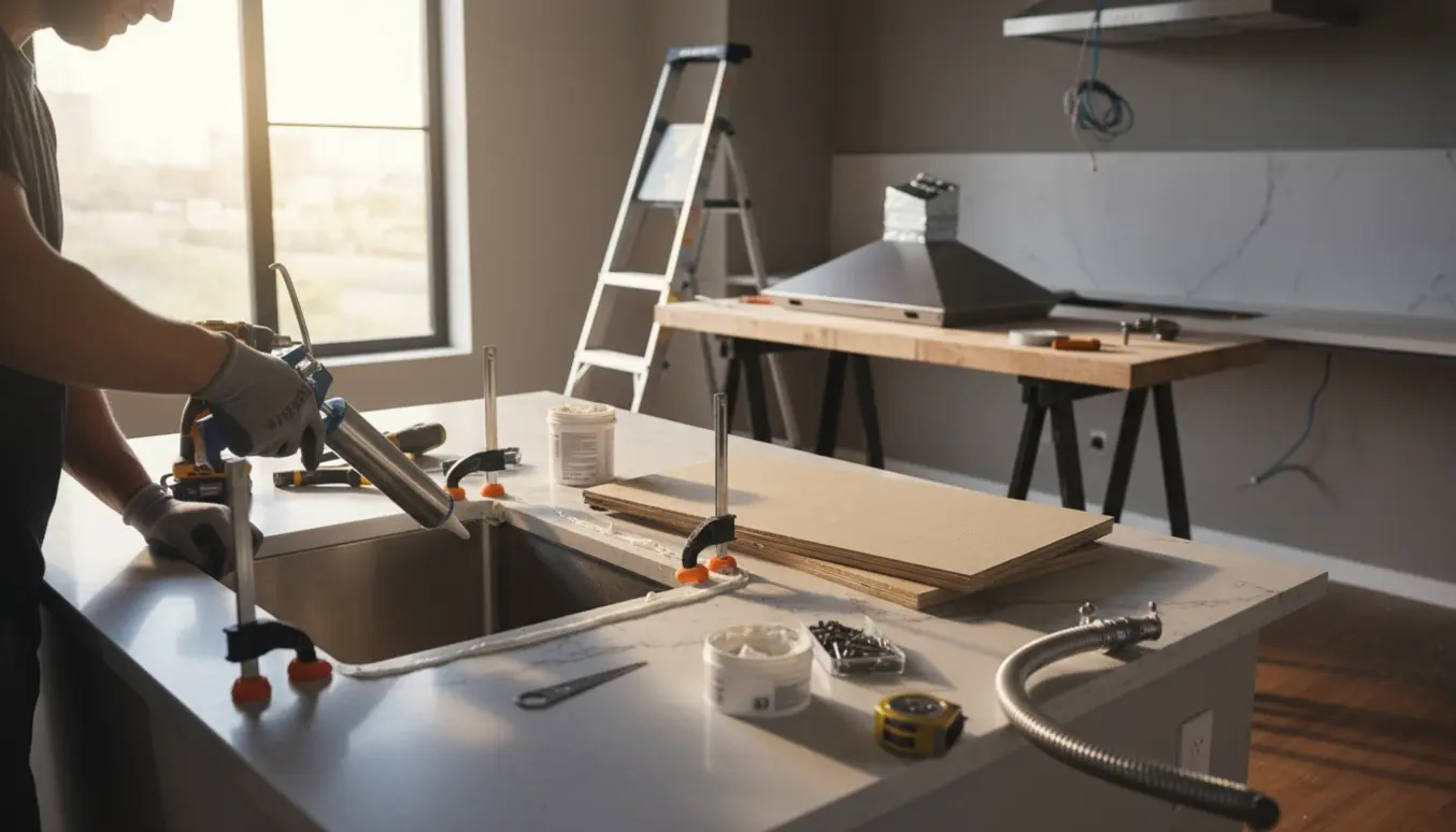 Udskiftning af køkkenbordplade med ny vask under montering og værktøj samt afmonteret emhætte i baggrunden.